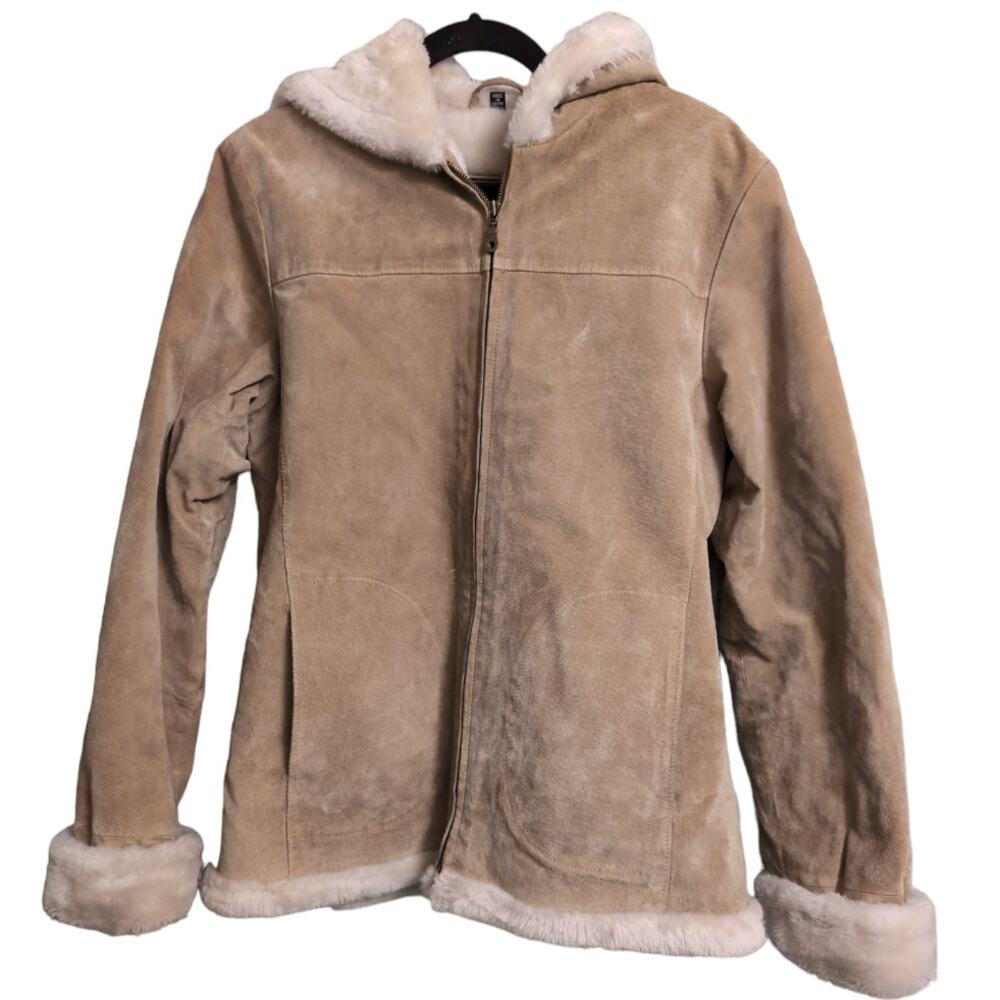 Adler Collection Coat Suede Leather Hooded Fleece Lining Pockets M